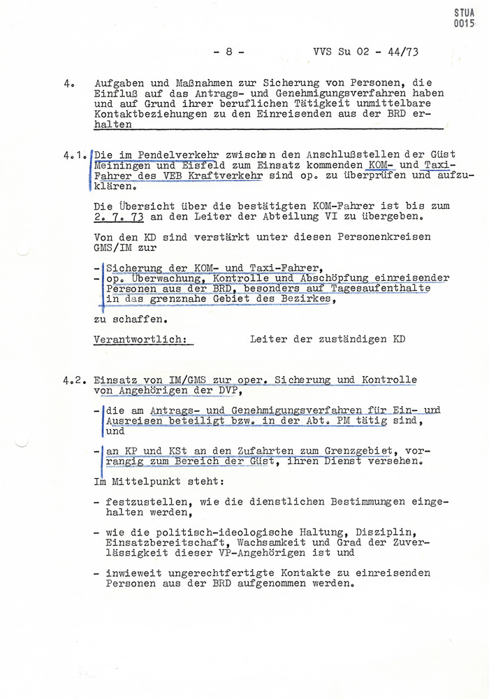 Organisationsplan zur aktionsmäßigen Sicherung des Wechselverkehrs von Personen und der Einreisen von im grenznahen Raum wohnhaften Bürgern der BRD nach der Eröffnung der GÜST Meiningen und Eisfeld