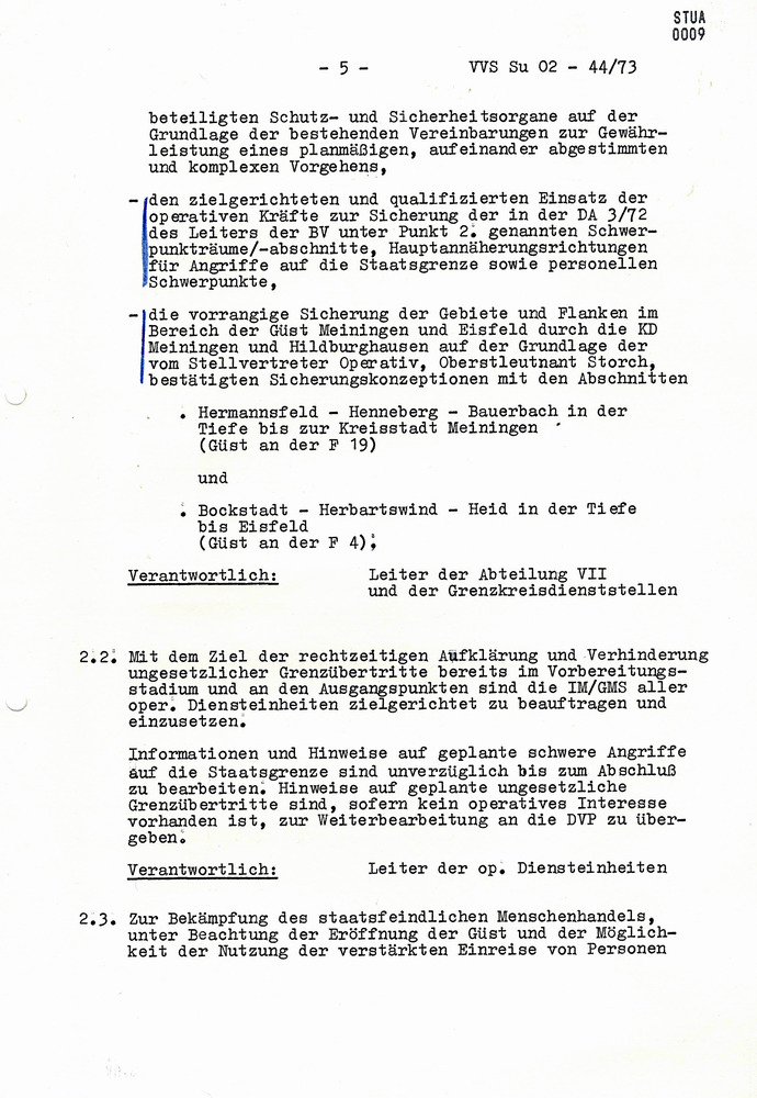 Organisationsplan zur aktionsmäßigen Sicherung des Wechselverkehrs von Personen und der Einreisen von im grenznahen Raum wohnhaften Bürgern der BRD nach der Eröffnung der GÜST Meiningen und Eisfeld