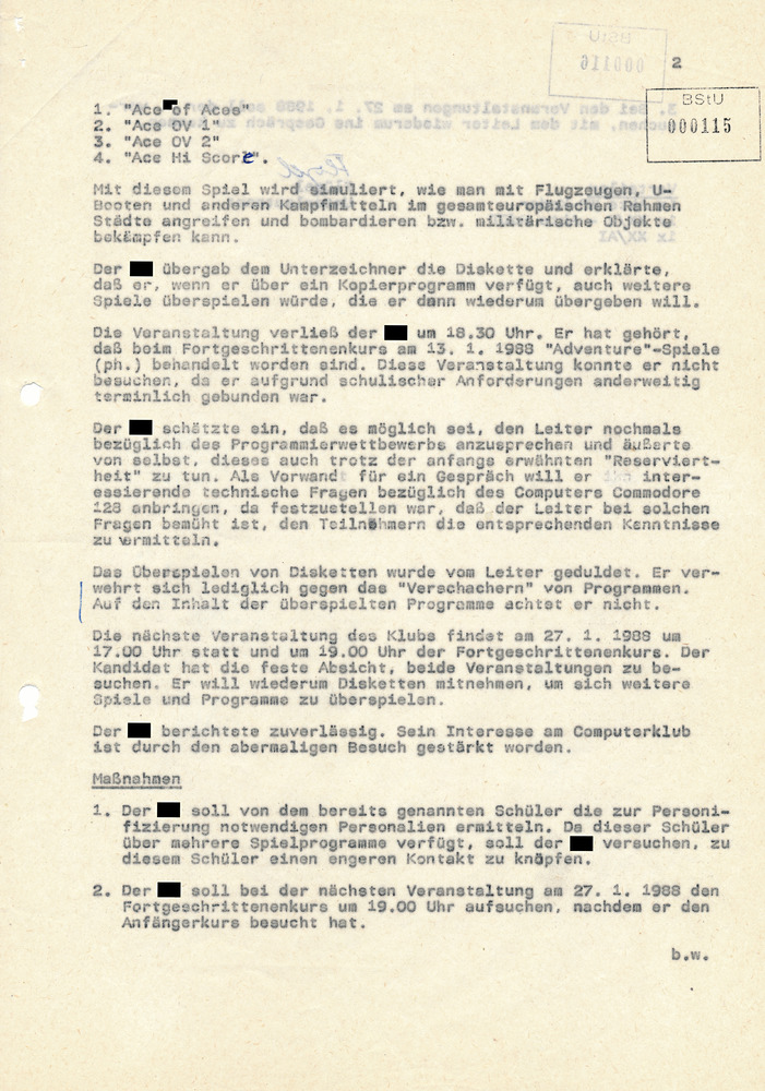 "Operative Information" über den Ost-Berliner Computerclub im Haus der jungen Talente vom 16. Januar 1988