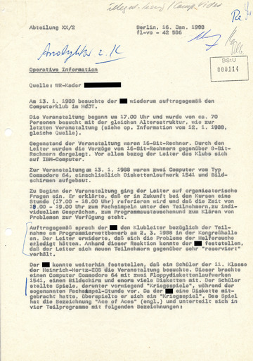 "Operative Information" über den Ost-Berliner Computerclub im Haus der jungen Talente vom 16. Januar 1988