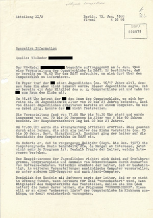 "Operative Information" über den Ost-Berliner Computerclub im Haus der jungen Talente vom 12. Januar 1988