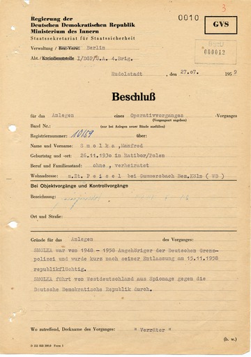 Beschluss über das Anlegen des Operativ-Vorgangs "Verräter"