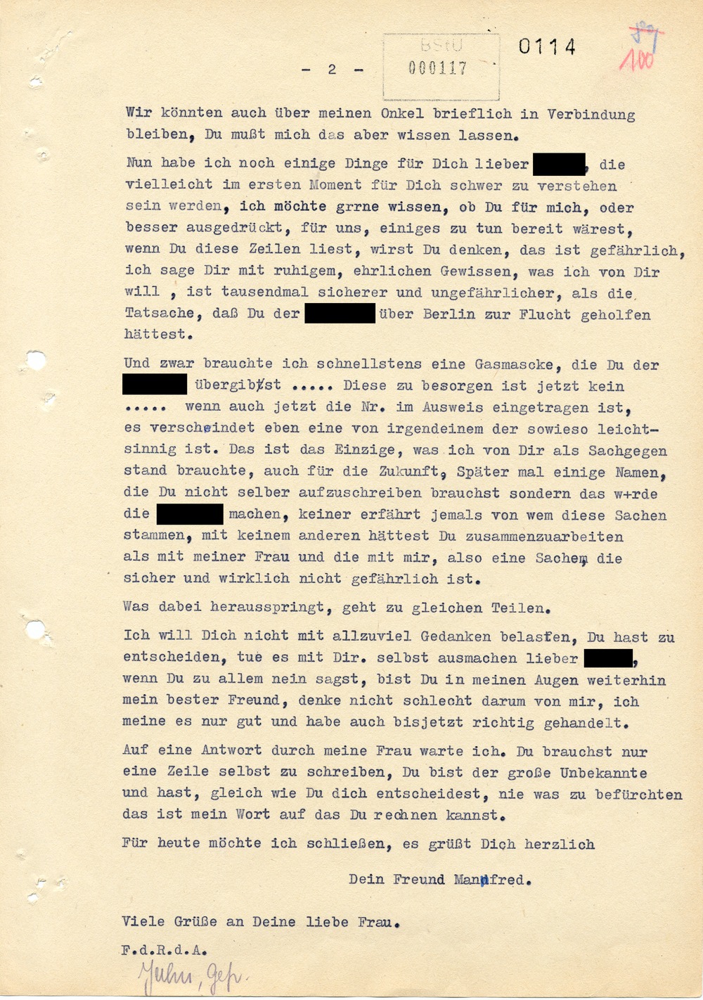 Abschrift eines Briefes Smolkas an einen Bekannten bei der Grenzpolizei