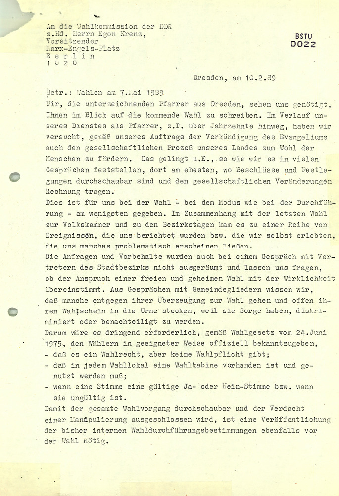 Eingabe von Dresdner Pfarrern an Egon Krenz