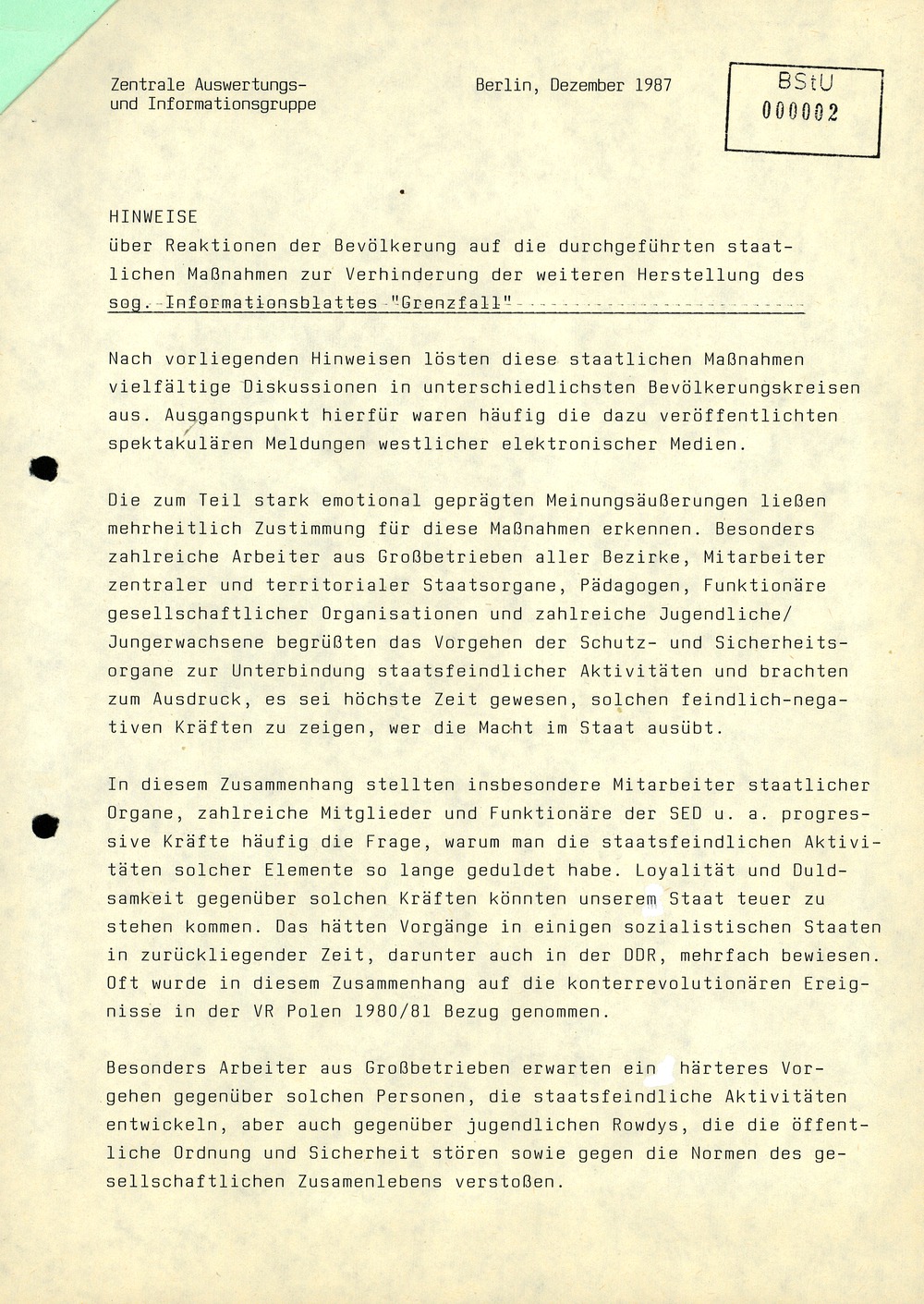 Reaktionen der Bevölkerung auf die staatlichen Maßnahmen zur Verhinderung der weiteren Herausgabe des „Grenzfall“