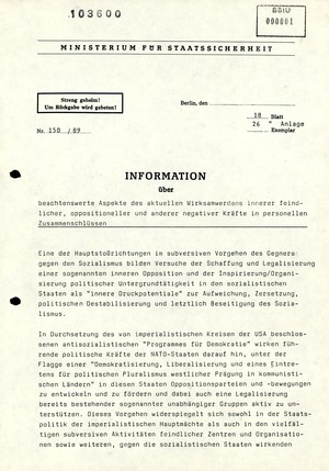 Information Nr. 150/89 über Aktivitäten Oppositioneller und Bürgerrechtler