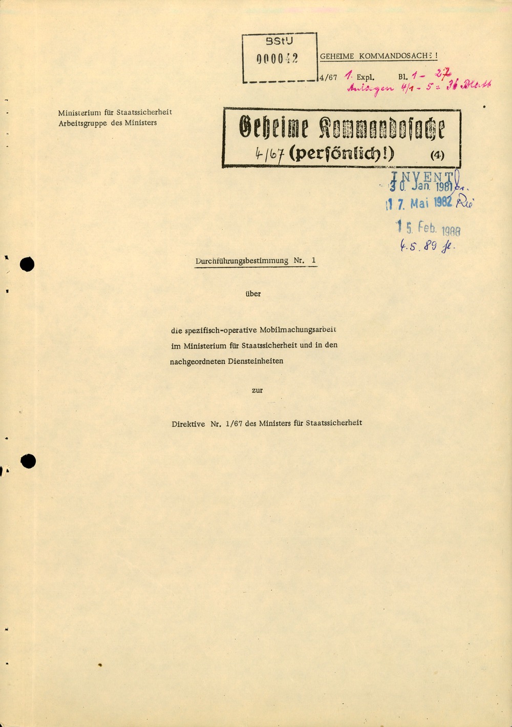 Durchführungsbestimmung Nr. 1 zur Direktive 1/67 über die spezifisch-operative Mobilmachungsarbeit im MfS