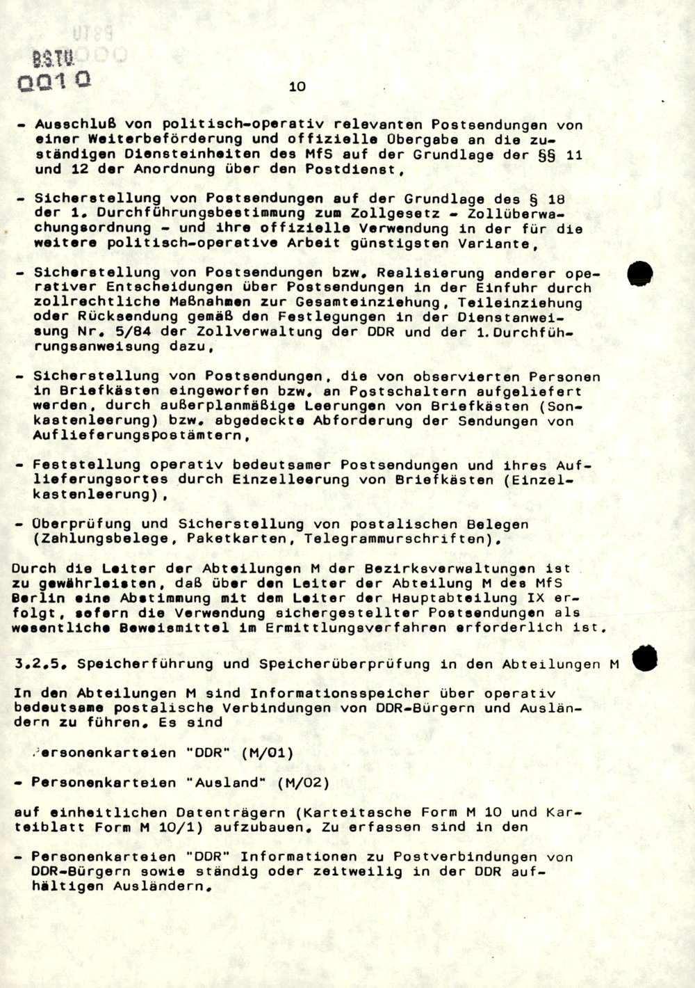 Dienstanweisung Nr. 3/85 zur politisch-operativen Kontrolle und Auswertung von Postsendungen