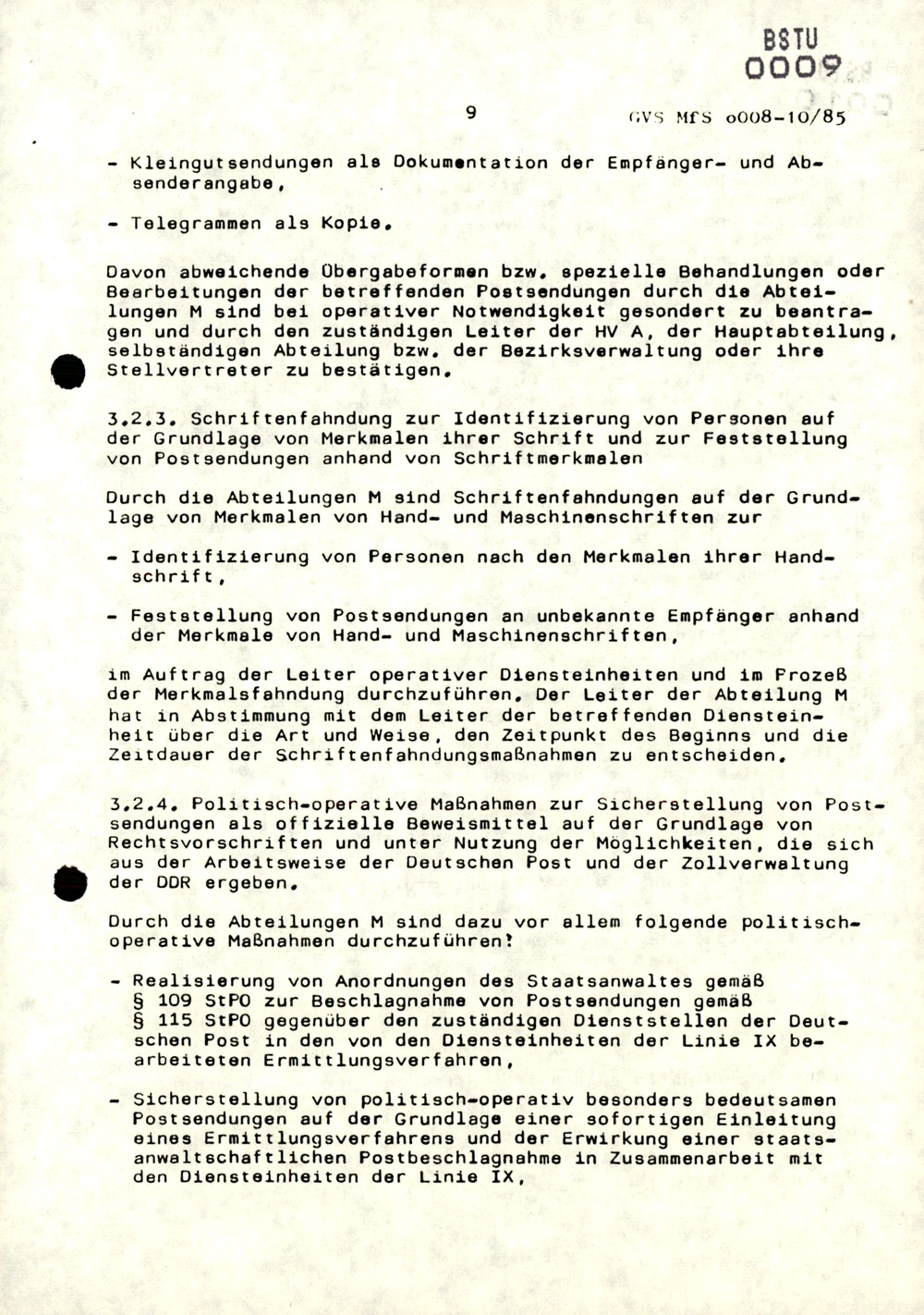 Dienstanweisung Nr. 3/85 zur politisch-operativen Kontrolle und Auswertung von Postsendungen