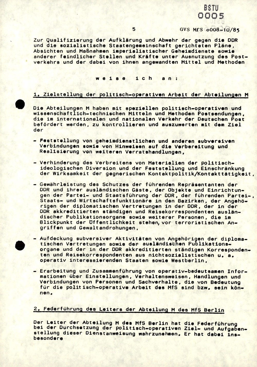 Dienstanweisung Nr. 3/85 zur politisch-operativen Kontrolle und Auswertung von Postsendungen