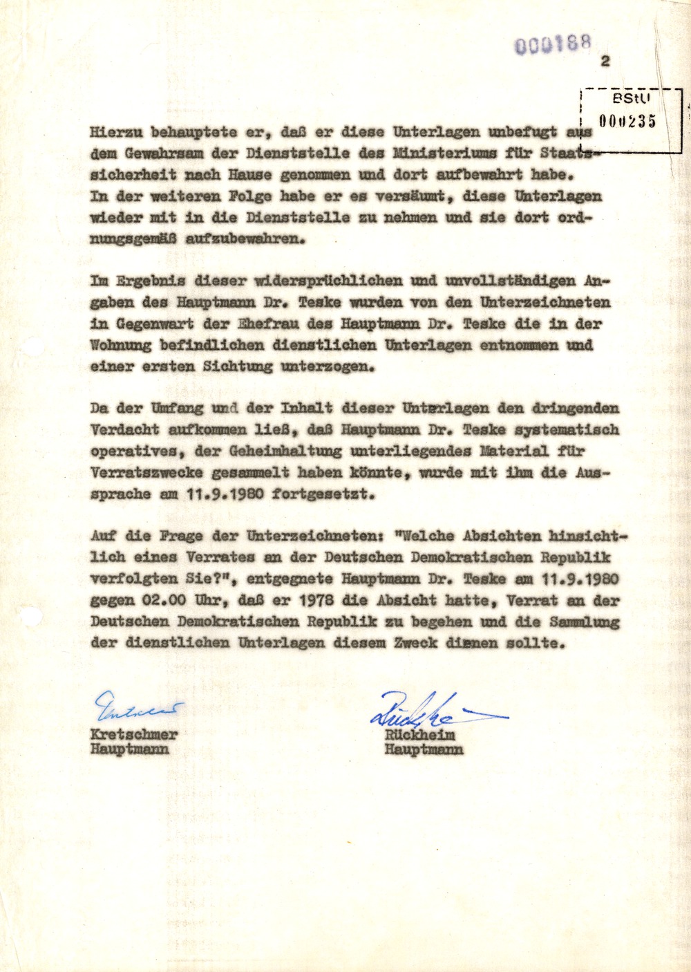 Bericht über eine Aussprache mit Werner Teske über sein "disziplinarwidriges Verhalten"