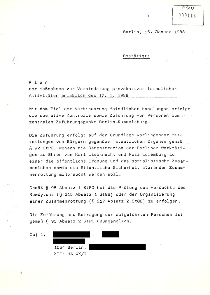 Maßnahmeplan zur 'Verhinderung provokativer feindlicher Aktivitäten' bei der Kampfdemonstration am 17. Januar 1988