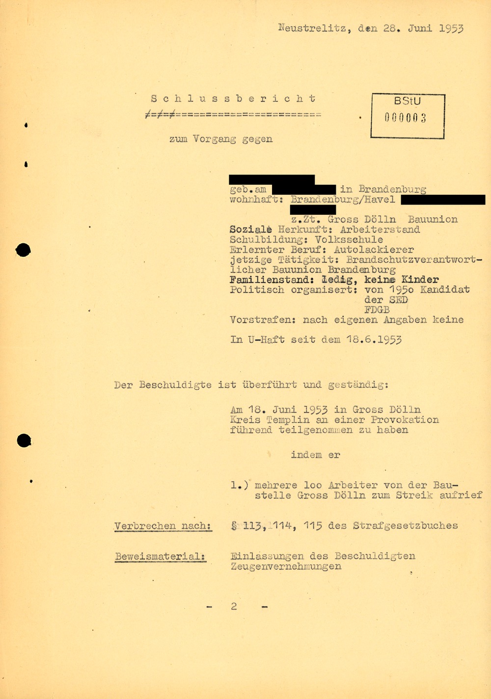 Abschlussbericht zum Untersuchungsvorgang gegen einen Lackierer wegen einer Provokation gegenüber eines Parteisekretärs während des Volksaufstandes
