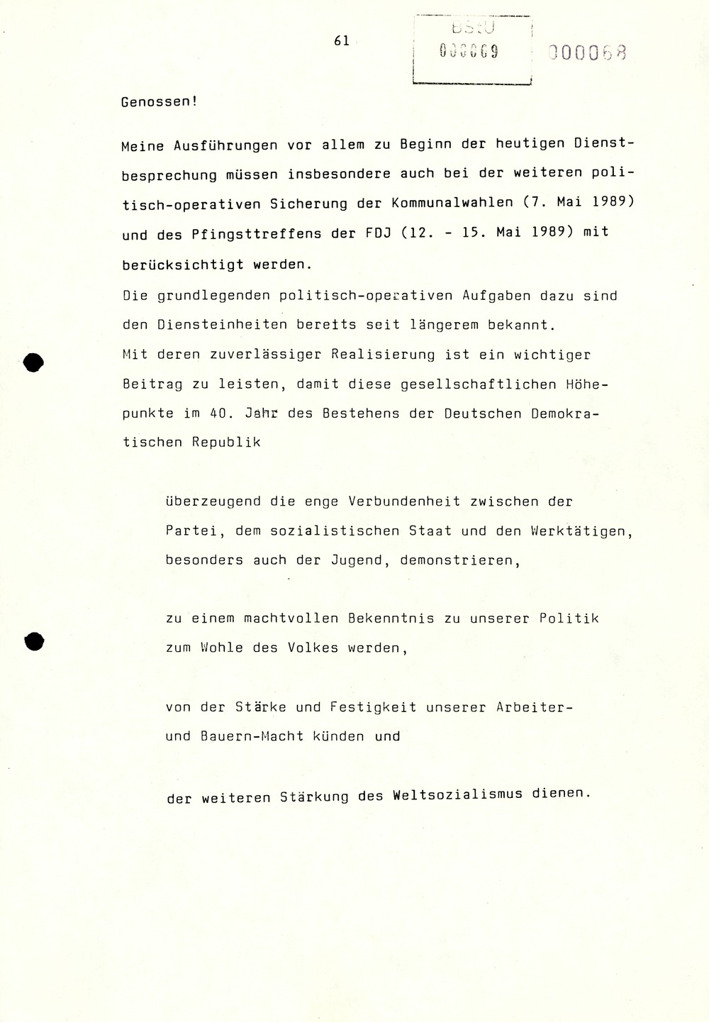 Referat Erich Mielkes auf einer Dienstbesprechung kurz vor den Kommunalwahlen 1989
