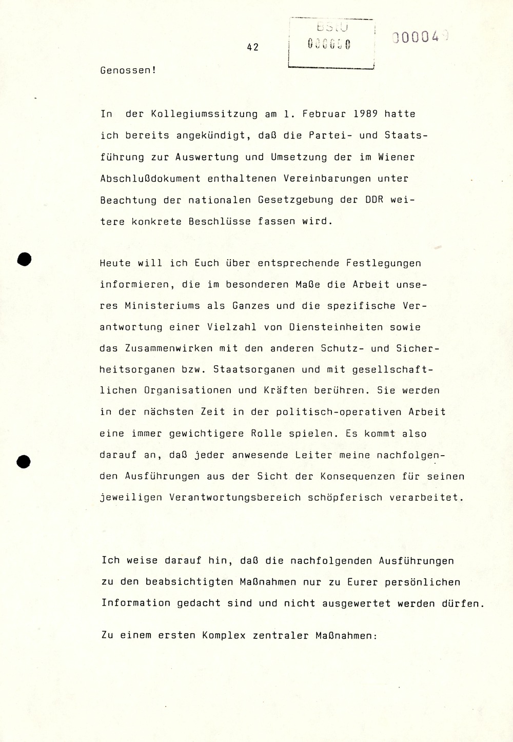 Referat Erich Mielkes auf einer Dienstbesprechung kurz vor den Kommunalwahlen 1989
