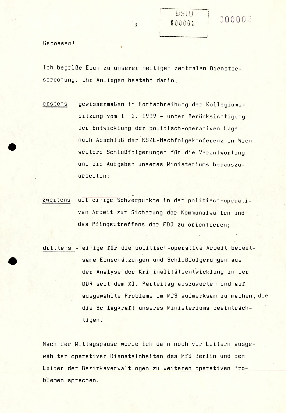 Referat Erich Mielkes auf einer Dienstbesprechung kurz vor den Kommunalwahlen 1989