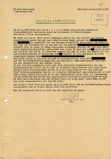 "Aussprachebericht" zur Anwerbung eines ehemaligen Gestapo-Angehörigen als "Geheimer Informator"