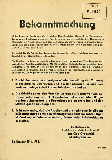 Bekanntmachung der DDR-Regierung zur Wiederherstellung der Ordnung vom 17. Juni 1953