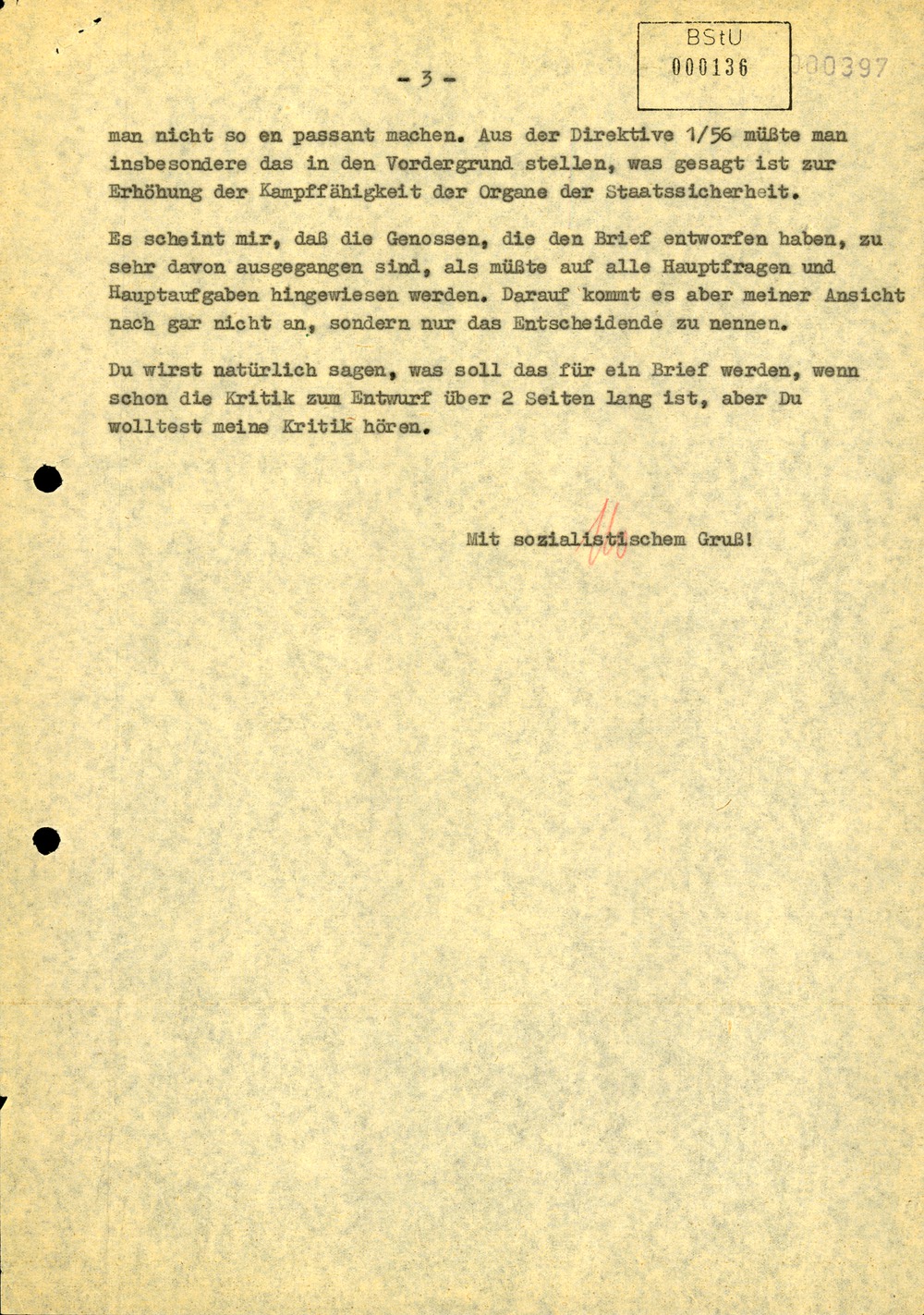 Reaktion Ernst Wollwebers an Erich Honecker zum Entwurf eines Schreibens an die MfS-Parteiorganisationen