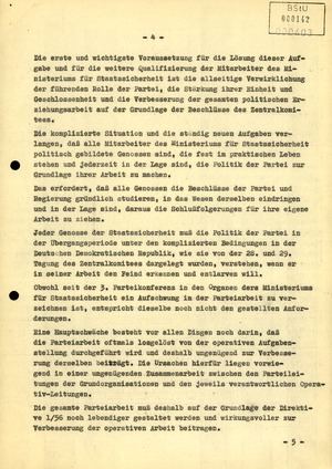 Entwurf für einen Brief Erich Honeckers an die Parteiorganisationen des MfS