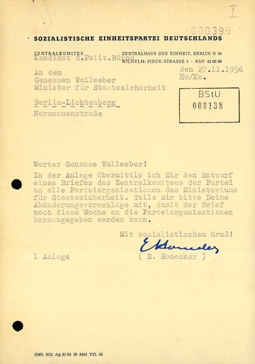 Entwurf für einen Brief Erich Honeckers an die Parteiorganisationen des MfS