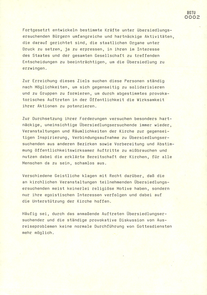 Schreiben vom Leiter der Zentralen Koordinierungsgruppe Gerhard Niebling zum Verhältnis von Kirche und Ausreisewilligen
