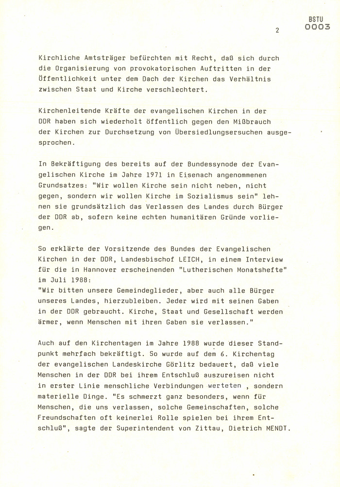 Schreiben vom Leiter der Zentralen Koordinierungsgruppe Gerhard Niebling zum Verhältnis von Kirche und Ausreisewilligen
