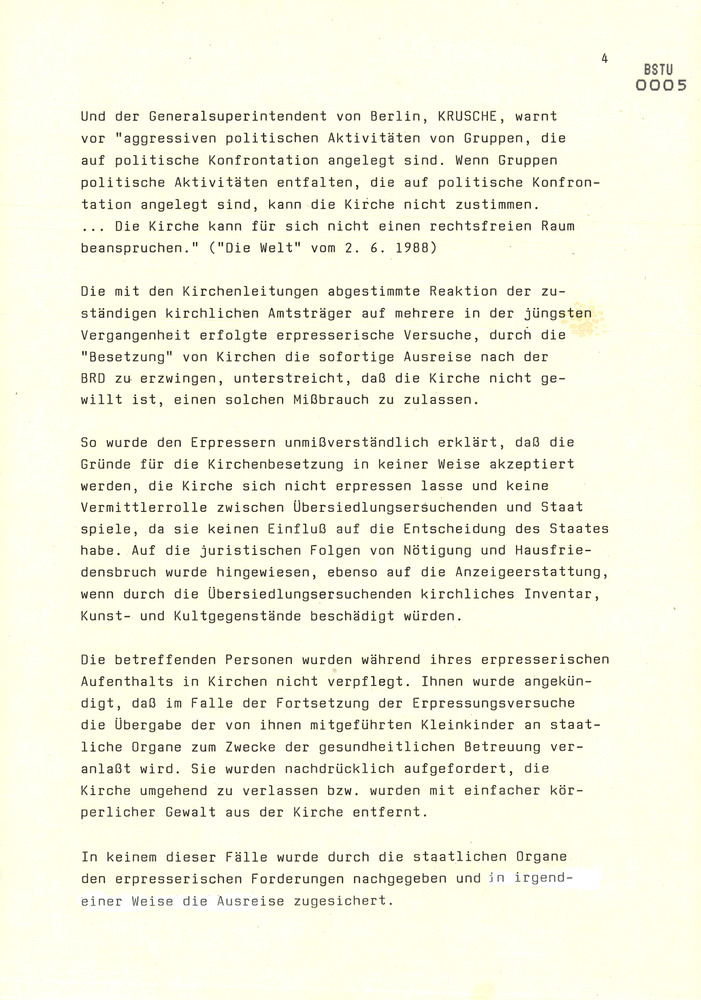Schreiben vom Leiter der Zentralen Koordinierungsgruppe Gerhard Niebling zum Verhältnis von Kirche und Ausreisewilligen