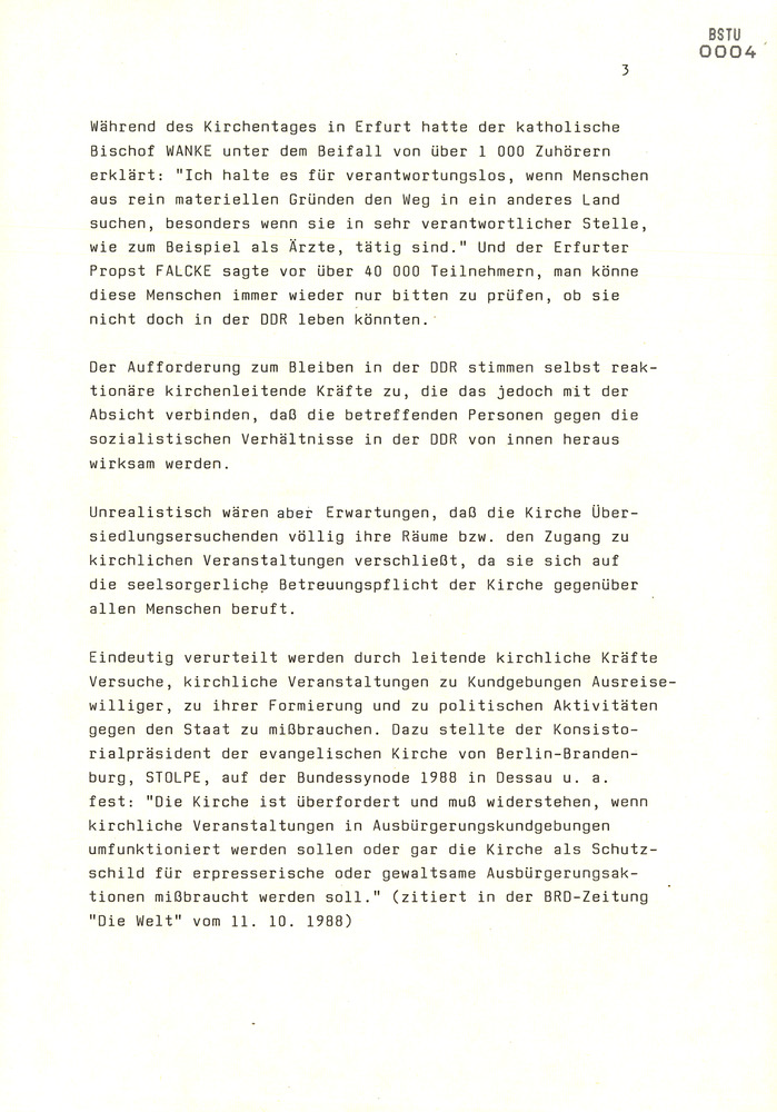 Schreiben vom Leiter der Zentralen Koordinierungsgruppe Gerhard Niebling zum Verhältnis von Kirche und Ausreisewilligen