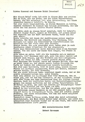 Brief Robert Havemanns an Erich Honecker