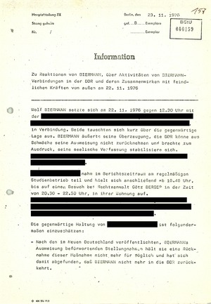 Bericht über die Aktivitäten von Biermann-Freunden in der DDR nach dessen Ausbürgerung