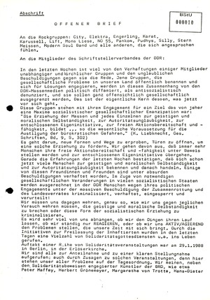 Offener Brief an namhafte Künstler in der DDR und den Schriftstellerverband der DDR nach der Liebknecht-Luxemburg-Demonstration 1988