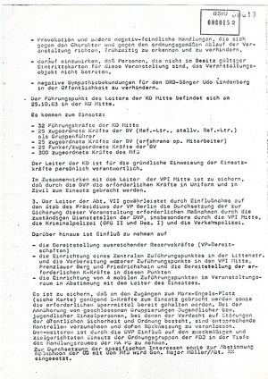 Einsatzplan zur Sicherung des Konzertes von Udo Lindenberg und Harry Belafonte