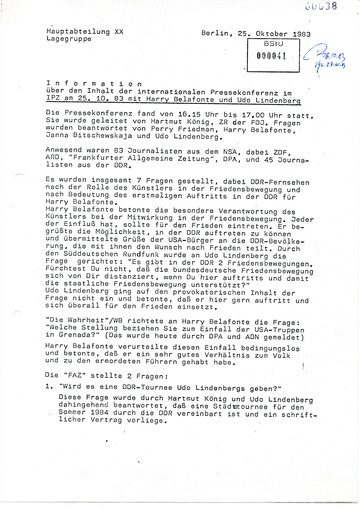 Bericht über die Pressekonferenz mit Harry Belafonte und Udo Lindenberg in Ost-Berlin