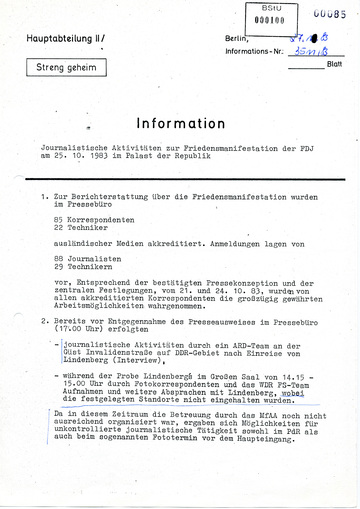 Information über die beim Lindenberg-Konzert in Ost-Berlin anwesenden Pressevertreter