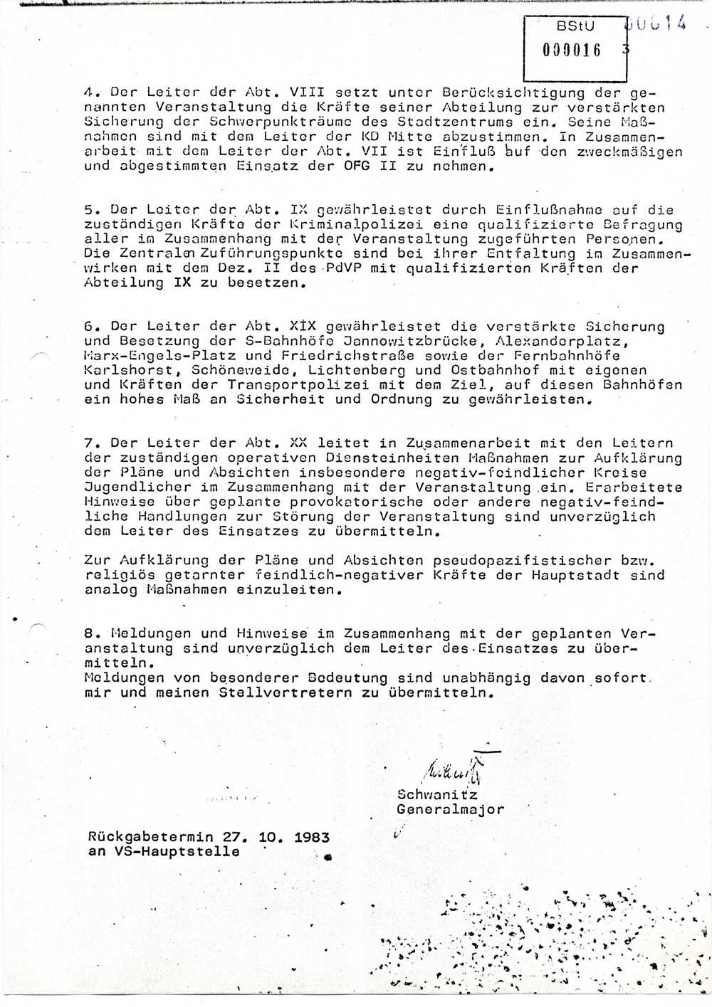 Einsatzplan zur Sicherung des Konzertes von Udo Lindenberg und Harry Belafonte