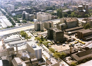 Luftbild der Grenzanlagen in Berlin-Kreuzberg an der Ecke Engeldamm und Köpenicker Straße