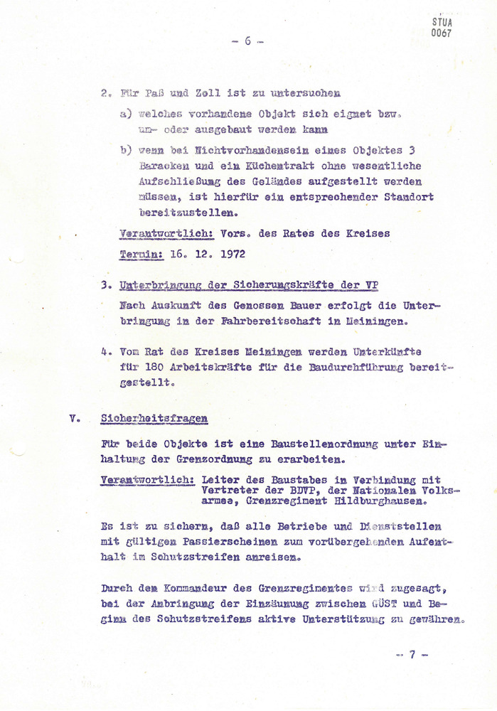 Protokoll über die Anlaufberatung zur Durchführung des Baus zweier Grenzübergangsstellen am 5. Dezember 1972 in Hildburghausen und Meiningen sowie am 6. Dezember 1972 in Eisfeld
