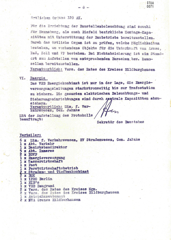 Protokoll über die Anlaufberatung zur Durchführung des Baus zweier Grenzübergangsstellen am 5. Dezember 1972 in Hildburghausen und Meiningen sowie am 6. Dezember 1972 in Eisfeld