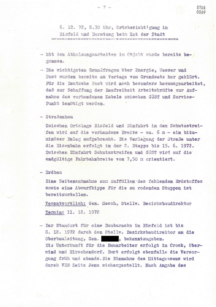 Protokoll über die Anlaufberatung zur Durchführung des Baus zweier Grenzübergangsstellen am 5. Dezember 1972 in Hildburghausen und Meiningen sowie am 6. Dezember 1972 in Eisfeld