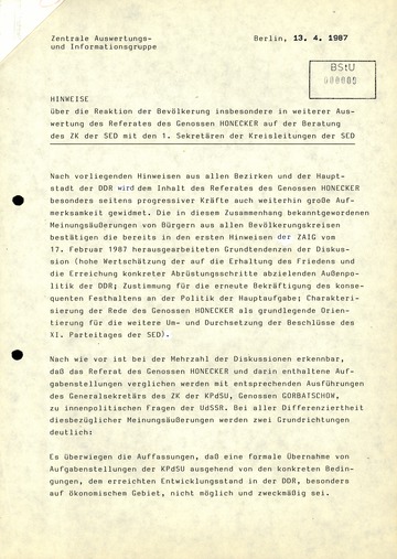 Reaktion der DDR-Bevölkerung auf Honeckers Referat auf der Beratung des ZK-Sekretariats mit den Ersten Sekretären der Kreisleitungen der SED