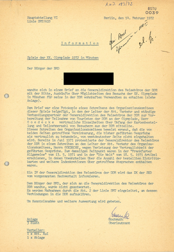 Anfrage Bürger der Bundesrepublik - Information Spiele der XX. Olympiade 1972 in München