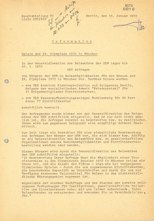 Information Anfragen - Spiele der XX. Olympiade 1972 in München