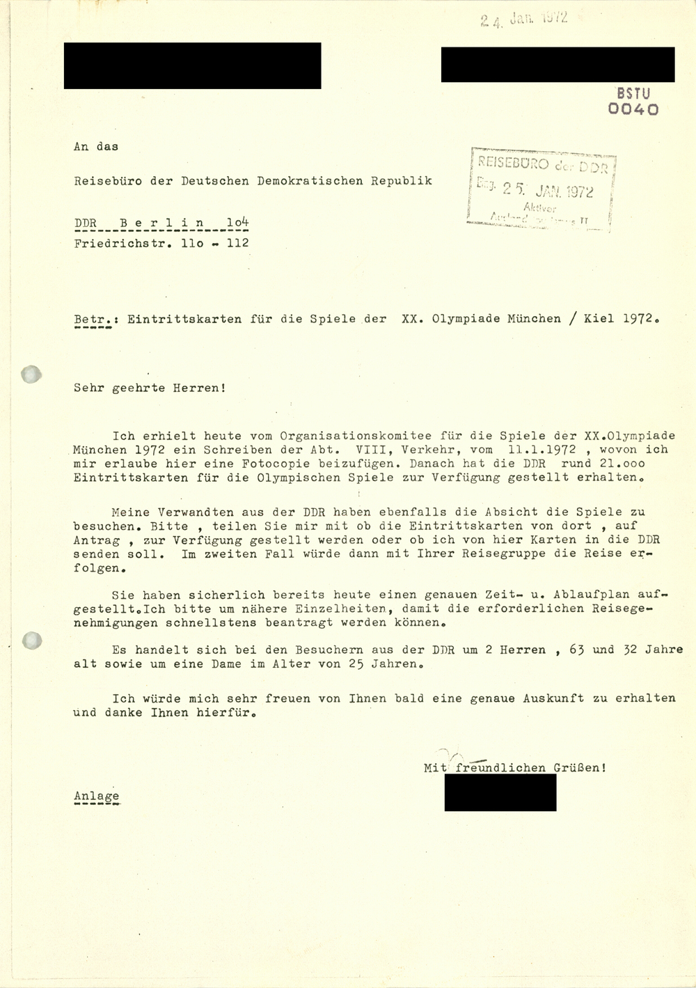 Anfrage Bürger der Bundesrepublik - Information Spiele der XX. Olympiade 1972 in München
