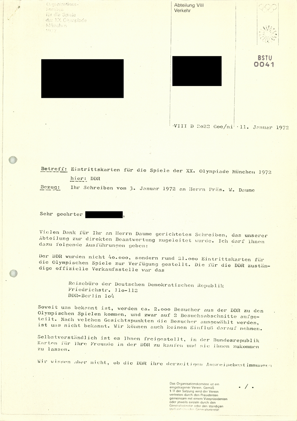 Anfrage Bürger der Bundesrepublik - Information Spiele der XX. Olympiade 1972 in München