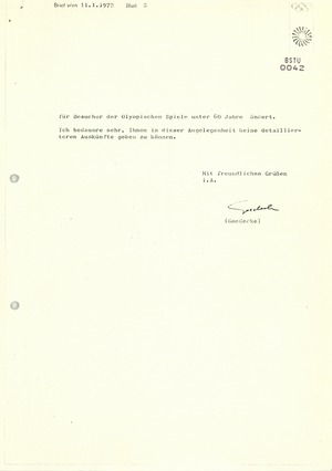 Anfrage Bürger der Bundesrepublik - Information Spiele der XX. Olympiade 1972 in München
