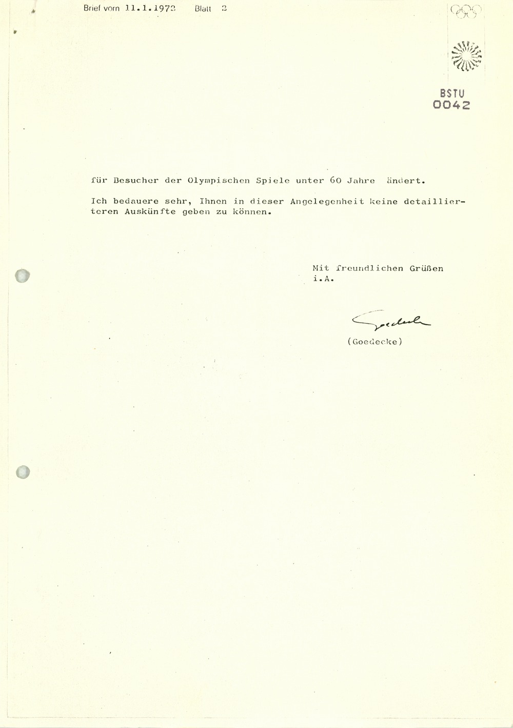 Anfrage Bürger der Bundesrepublik - Information Spiele der XX. Olympiade 1972 in München