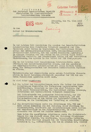 Anweisung der Bezirksverwaltung Schwerin im Vorfeld des 17. Juni 1953