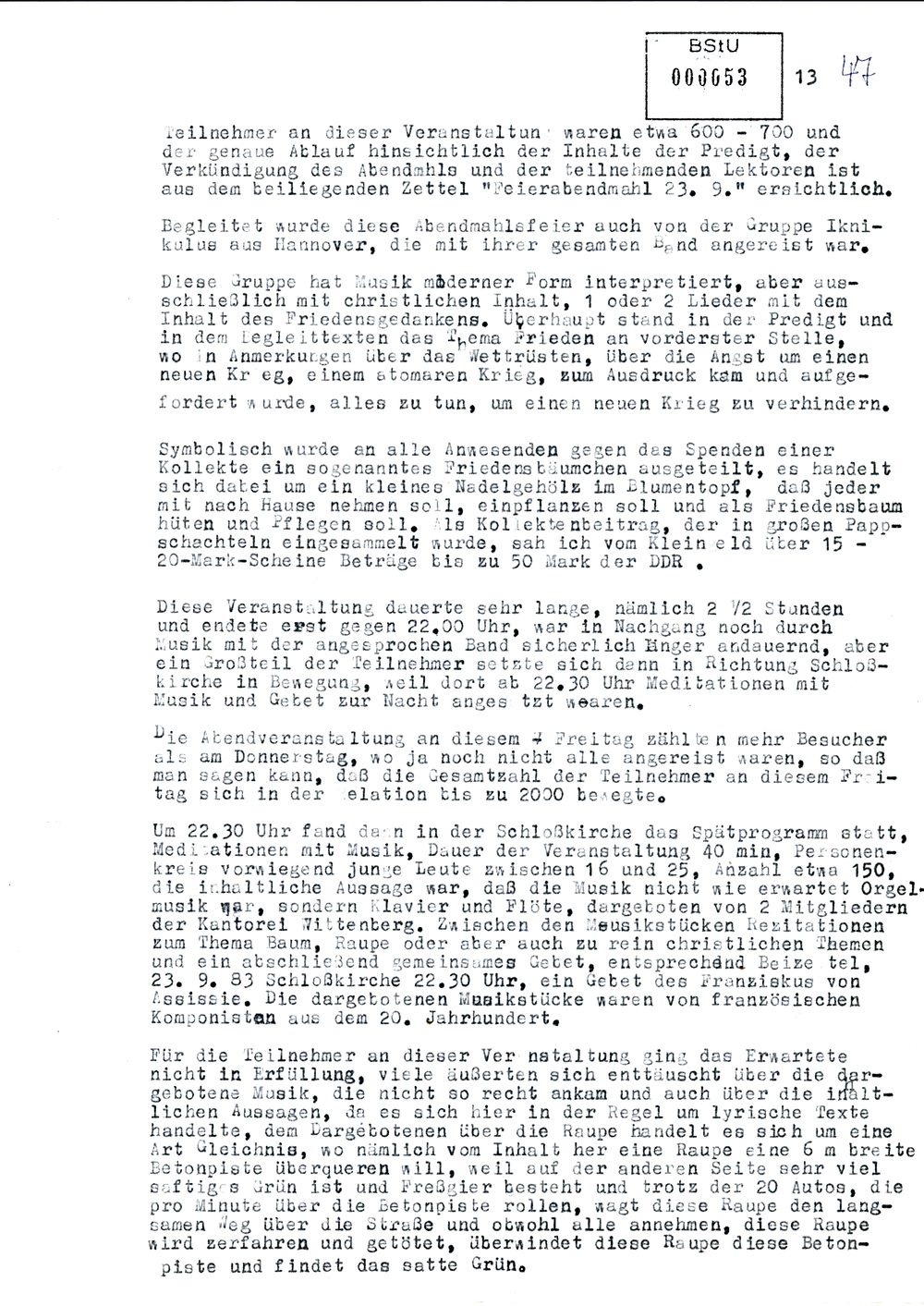 Bericht des IMB "Reiner Martens" zum Kirchentagskongress in Wittenberg 1983