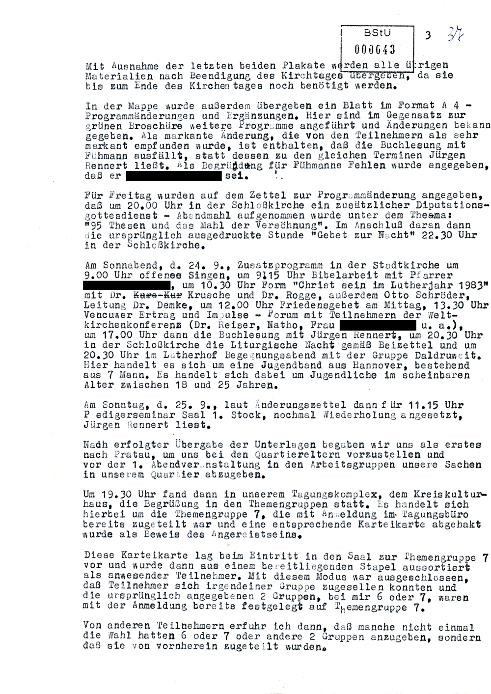 Bericht des IMB "Reiner Martens" zum Kirchentagskongress in Wittenberg 1983